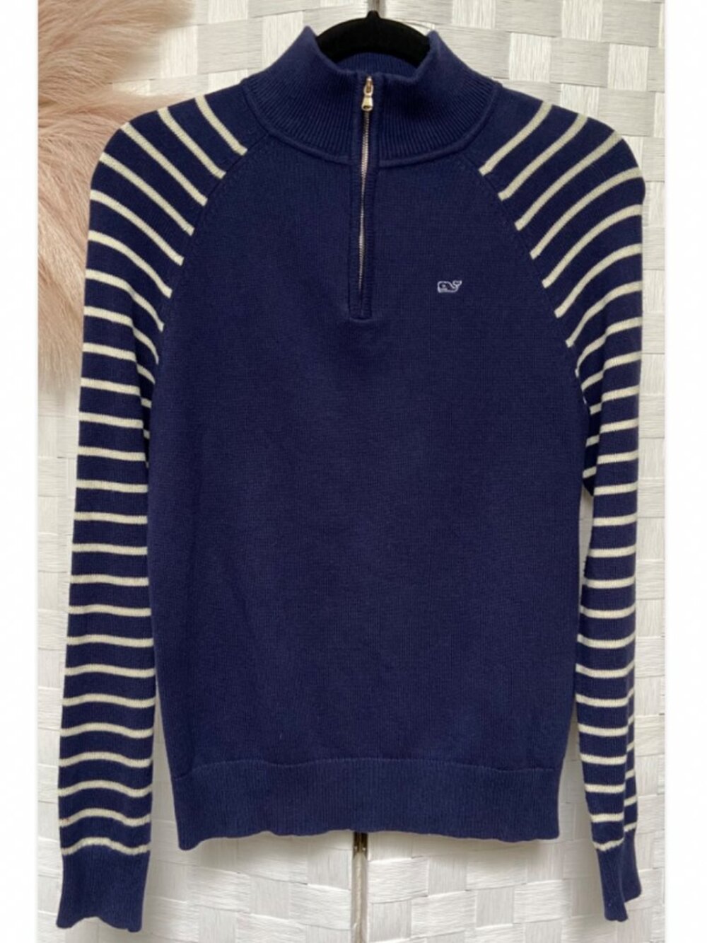 Vineyard Vines 100% Cotton Navy & Cream Mock Neck 1/4 Zip Stripe Sweater Size XS